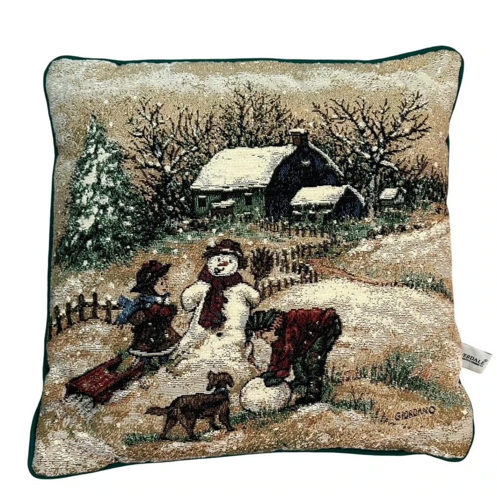 Riverdale Giordano Tapestry Pillow Christmas Winter Building Snowman Scene Vtg